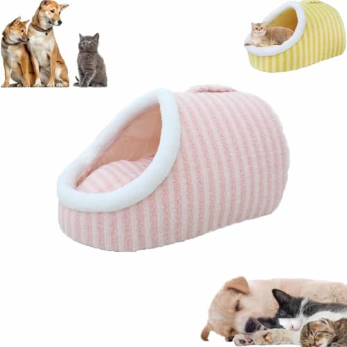 LXSNZARUY Stripe Calming Plush Pet Bed with Cover Cave, Thick Fleece Warm Slipper Pet Bed, Non-Slip Washable Soft Pet Sleeping Bag for Small Medium Pets von LXSNZARUY