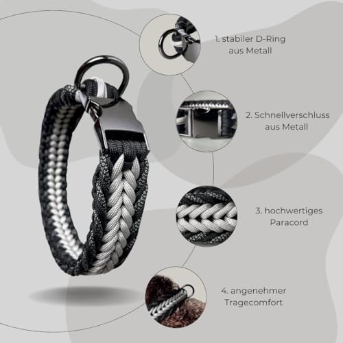 LYFIE - Hundehalsband aus Paracord, Handgefertigt, Breites Hundehalsband für Hunde Halsband geflochten, Dog Collar Black Gray, Luxury, Aesthetic, Für mittelgroße & große Hunde, Schwarz-Grau (L) von LYFIE