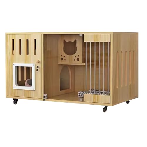 Katzenvilla, Katzen Box, Katzenkäfig für Den Innenbereich, Katzenzwinger, Katzengehege, Geschlossenes Katzenhaus Mit Rädern(Natural,Large) von LYXXJRYBHD