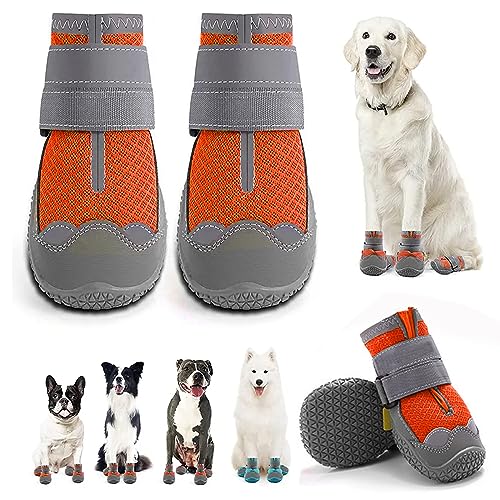 LZLUCKCOME Hundeschuhe Pfotenschutz, 4 Stück Breathable Hundeschuhe, mit Reflektierenden Riemen, Schuhe für den Hund, Klettverschluss Schneeschuhe für Hunde Outdoor Sport (1.6 Zoll, Orange) von LZLUCKCOME