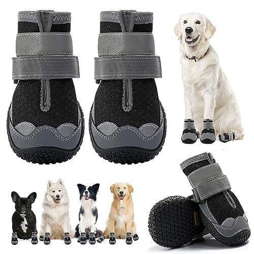 LZLUCKCOME Hundeschuhe Pfotenschutz, 4 Stück Breathable Hundeschuhe, mit Reflektierenden Riemen, Schuhe für den Hund, Klettverschluss Schneeschuhe für Hunde Outdoor Sport (1.6 Zoll, Schwarz) von LZLUCKCOME