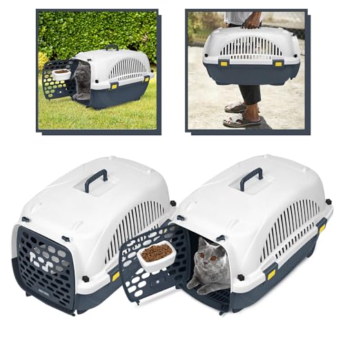 LZQ 2 Stück Transportbox Katze Hund Katzentransportbox Kunststoff Hundebox 61 x 37 x 37 cm, Transportbox Hund Katzenbox mit Tragegriff und Futterbehälter, für Kleine Haustiere bis zu 10kg von LZQ