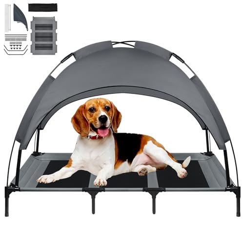 LZQ Haustierbett mit Baldachin, Erhöhtes Hundebett, Hundeliege Garten mit Dach, Haustier Liegeplatz draußen, Hundehütte Katzenbett mit Sonnensegel, Hundeliegeplatz Taftstoff Grau, 122 x 92 x 102 cm von LZQ