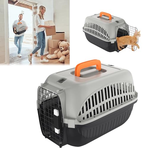 LZQ Hundetransportbox Auto aus PP-Kunststoff, Katzentransportbox bis 10 kg, Transportbox für Kaninchen Hunde und Katzen, mit Metalltür Vorne für Einfachen Zugang, Transportbox Katze(Schwarz + Grau) von LZQ