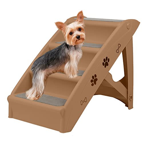 LZQ Hundetreppe Katzentreppe für Kleine Hunde Klappbar PP-Kunststoff Haustiertreppe 50cm Hoch mit Rutschfesten Stufen Hunderampe Sofa für Hunde und Katze zum Klettern und Kratzen, Braun von LZQ