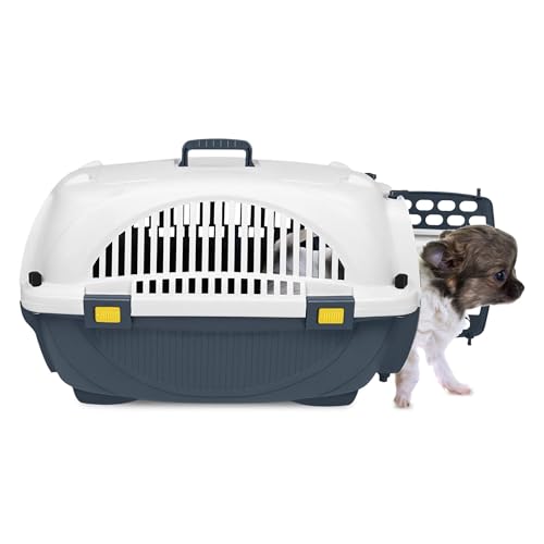 LZQ Transportbox Katze Hund Katzentransportbox Kunststoff Hundebox 61 x 37 x 37 cm, Transportbox Hund Katzenbox mit Tragegriff und Futterbehälter, für Kleine Haustiere bis zu 10kg von LZQ