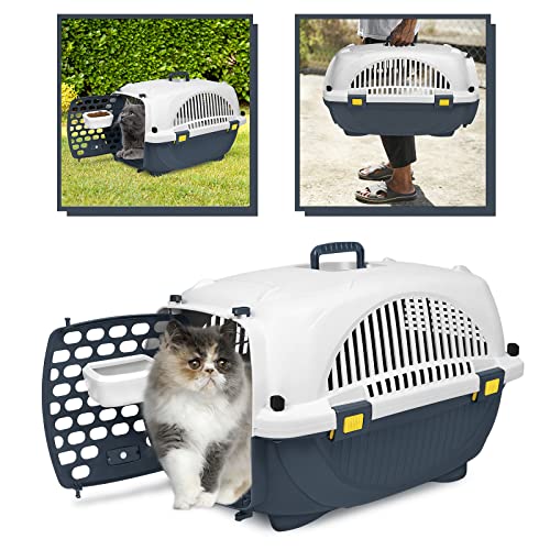 LZQ Transportbox Katze Hund Kunststoff Katzentransportbox Hundebox 61 x 37 x 37 cm, Transportbox Hund Katzenbox mit Tragegriff und Futterbehälter, für Kleine Haustiere bis zu 10kg von LZQ