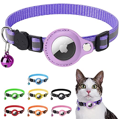 LZXLXS Airtag Katzenhalsband, Airtag Katze Halsband kompatibel mit Apple Airtag, Reflektierendes Kätzchenhalsband mit Halterung und Glocke für Mädchen Junge Katzen, Lila von LZXLXS