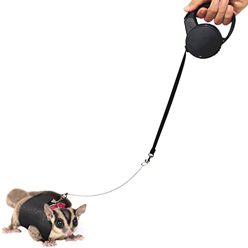 La La Pet® Verstellbares einziehbares Zuckergleiter Geschirr und Leine Set Kleintiergeschirr und Leine Set Hamstergeschirr und Leine mit Metallkette für Outdoor-Aktivitäten, Schwarz, L von La La Pet