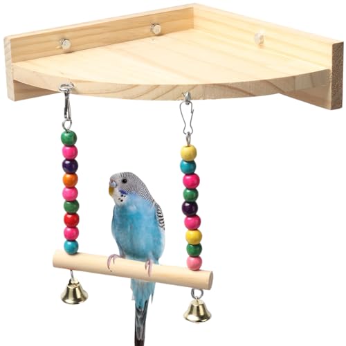 La La Pet Eckplattform für Papageien, mit Hängeschaukel aus Massivholz, flache Sitzstange, bunte Vögel, Spielplatzständer für Käfig, Standregal, Zubehör für Sittiche, Nymphensittiche, Sittiche, von La La Pet