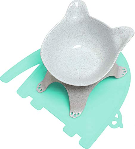 La La Pet Futternapf, erhöht, mit Silikon-Pad, erhöhter Futternapf, für Katzen, Welpen, kleine Hunde, Kaninchen, Tiffany Blue Mat, Graue Schale von La La Pet