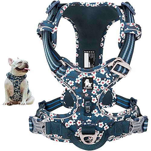 La La Pet No Pull Hundegeschirr mit Frontclip, Reflektierende Hundeweste Geschirr mit Griff, Floral Neopren gepolsterte Hundeweste für Welpen, kleine, einfaches An- und Ausziehen, Blau von La La Pet