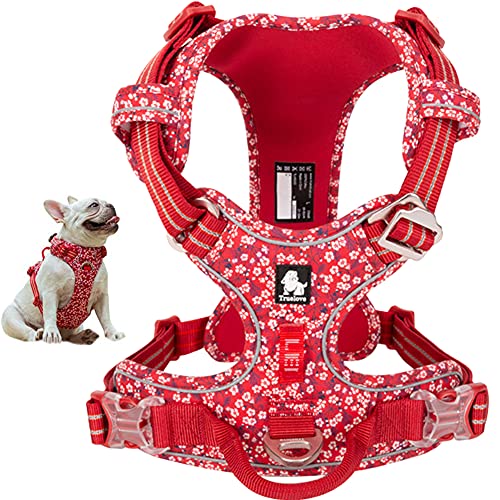 La La Pet No Pull Hundegeschirr mit Frontclip, Reflektierende Hundeweste Geschirr mit Griff, Floral Neopren gepolsterte Hundeweste für Welpen, kleine, mittelgroße und große Hunde, Rot, XS von La La Pet