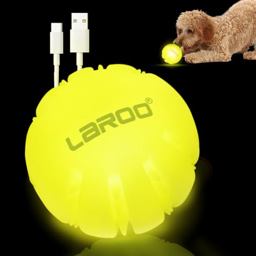 LaRoo LED Hundebälle,Haustier Hunde Spielzeug Ball Silikon Leuchtendes mit USB Wiederaufladbarem Glühen in der Dunkelheit Hund Ball Zähne Reiniger Training Kugel für Hunde Spielen (Yellow) von LaRoo