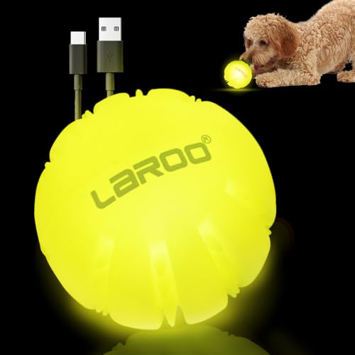 LaRoo LED Hundebälle,Haustier Hunde Spielzeug Ball Silikon Leuchtendes mit USB Wiederaufladbarem Glühen in der Dunkelheit Hund Ball Zähne Reiniger Training Kugel für Hunde Spielen (Gelb) von LaRoo