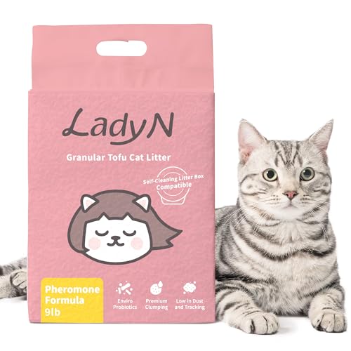 Lady N Granulat Tofu Katzenstreu Mini-Pellet kompatibel mit selbstreinigender Katzentoilette, Premium Klumpen, Ultra saugfähig, reduziert Stress der Katze, hält beruhigend, 4,1 kg (Pheromon-Formel) von Lady N