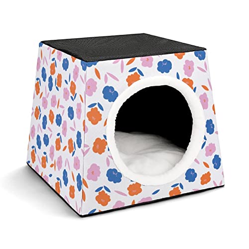 3 In 1 Haustier Haus Betten Sofa für Katzen Kleine Hunde Bedruckte Katzenhäuser Katzenhöhle mit Abnehmbarem Kissen Blaue rote rosa Blumen von LafalPer