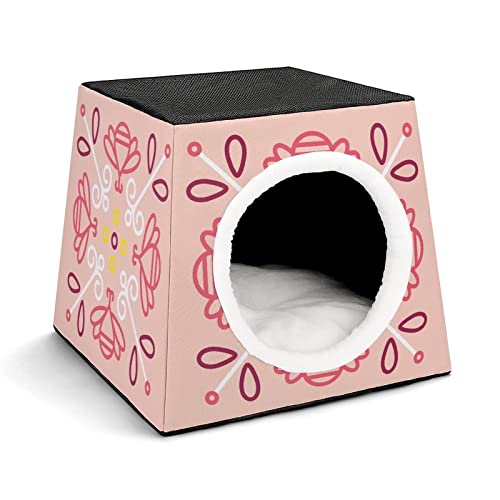 3 In 1 Haustier Haus Betten Sofa für Katzen Kleine Hunde Bedruckte Katzenhäuser Katzenhöhle mit Abnehmbarem Kissen Blume rosa gelb von LafalPer