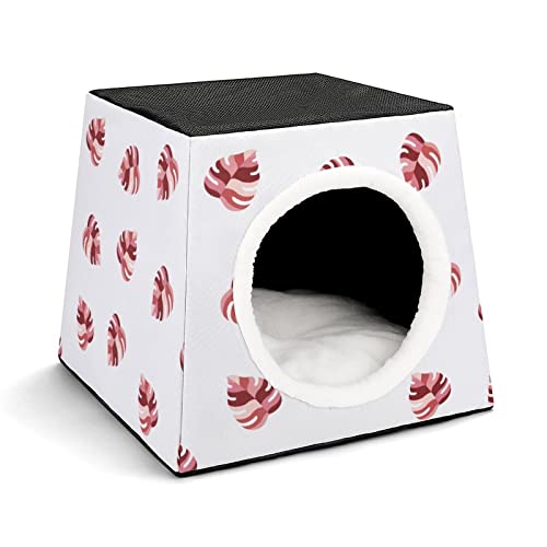 3 In 1 Haustier Haus Betten Sofa für Katzen Kleine Hunde Bedruckte Katzenhäuser Katzenhöhle mit Abnehmbarem Kissen Rosa Palmblätter Illustration von LafalPer