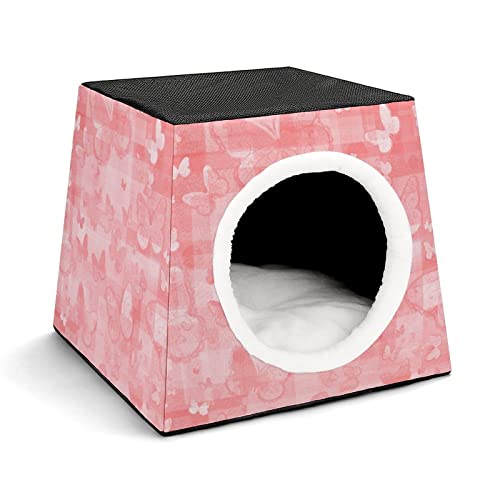 3 In 1 Haustier Haus Betten Sofa für Katzen Kleine Hunde Bedruckte Katzenhäuser Katzenhöhle mit Abnehmbarem Kissen Rosa Schmetterling von LafalPer