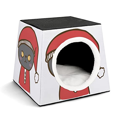 3 In 1 Haustier Haus Betten Sofa für Katzen Kleine Hunde Bedruckte Katzenhäuser Katzenhöhle mit Abnehmbarem Kissen Weihnachtsmütze Katze von LafalPer