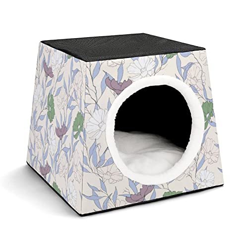 Bedruckte Katzenhöhle Katzenhaus Hundehütte Faltbar als Katzenbett Katzensofa für Katzen Kleintiere mit Abnehmbarem Kissen Lila grüne Blumen von LafalPer