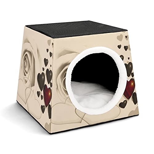 Bedruckte Katzenhöhle Katzenhaus Hundehütte Faltbar als Katzenbett Katzensofa für Katzen Kleintiere mit Abnehmbarem Kissen Retro Rosenherzen von LafalPer