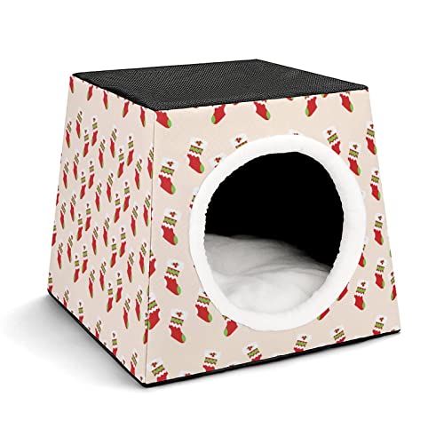 Bedruckter Katzenwürfel Haustier Haus für Katzen Indoor Katzenhöhle Katzenbett Hundehütte Waschbar Winterfest Gelbe Weihnachtssocken von LafalPer