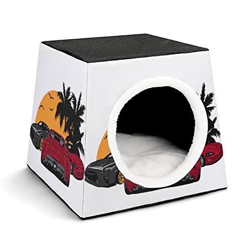 Haustier Haus Sofa Bedrucktes Katzenhaus Katzenbett Indoor Katzenwürfel für Kleine Hunde Kitty Stabil und Warm Küstenauto-Sonnenuntergang von LafalPer