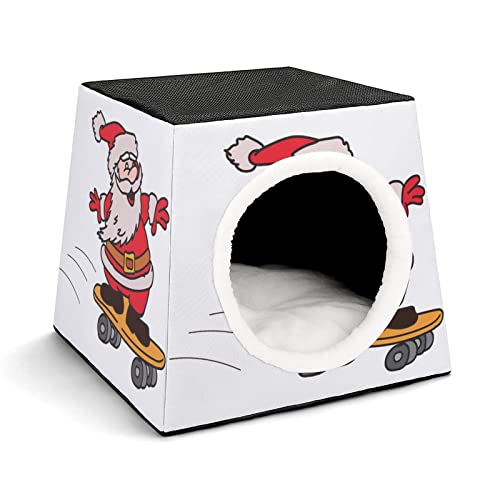 Haustier Haus Sofa Bedrucktes Katzenhaus Katzenbett Indoor Katzenwürfel für Kleine Hunde Kitty Stabil und Warm Weihnachtsskateboarding Santa von LafalPer