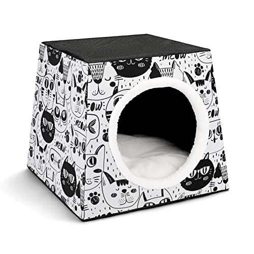 Mode Katzenhöhle für Katzen Hunde Kleintiere Faltbares Katzenhaus Katzenbett Katzensofa mit Flauschiges Kissen Cartoon Katzengesicht von LafalPer