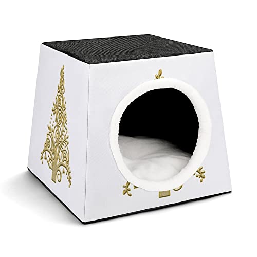 Mode Katzenhöhle für Katzen Hunde Kleintiere Faltbares Katzenhaus Katzenbett Katzensofa mit Flauschiges Kissen Goldener Weihnachtsbaum von LafalPer