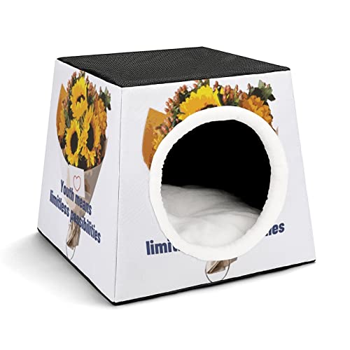 Mode Katzenhöhle für Katzen Hunde Kleintiere Faltbares Katzenhaus Katzenbett Katzensofa mit Flauschiges Kissen Sonnenblumenstrauß von LafalPer