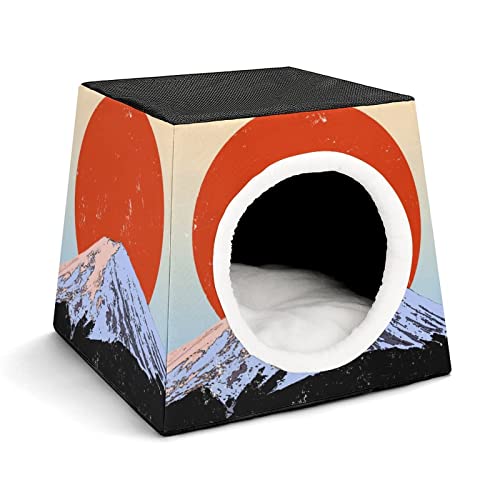 Multifunktionales Katzenhaus Faltbar als Katzenbett Katzensofa Bedruckte Haustier Haus für Katzen Kleintiere mit Matratze Berg Fuji Japan von LafalPer