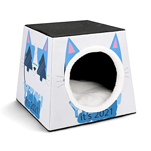 Multifunktionales Katzenhaus Faltbar als Katzenbett Katzensofa Bedruckte Haustier Haus für Katzen Kleintiere mit Matratze Blaue Katze Cartoon von LafalPer