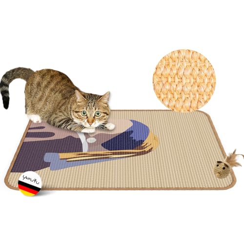 LaifuTu Kratzmatte Katze 60×40CM, Katzen Kratzmatte mit Mausspielzeug, Natürliche Sisal Teppich Katzen, Widerstandsfähig rutschfest Kratzteppich Katze, Kratzmatte für Schützt Teppiche und Sofas von LaifuTu