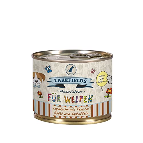 LAKEFIELDS MANUFAKTUR - Premium Welpenfutter Nass - Huhn 61%, getreidefreies Hundefutter für Welpen, Dosenfleisch-Menü mit Hühnerfleisch, Fenchel, Karotten & Kartoffeln, schonend gegart, 6 x 200g von Lakefields