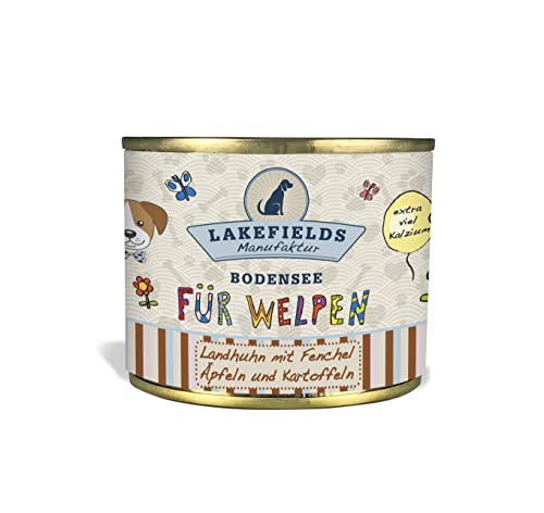 LAKEFIELDS MANUFAKTUR - Premium Welpenfutter Nass - Huhn 61%, getreidefreies Hundefutter für Welpen, Dosenfleisch-Menü mit Hühnerfleisch, Fenchel, Karotten & Kartoffeln, schonend gegart, 1 x 200g von Lakefields