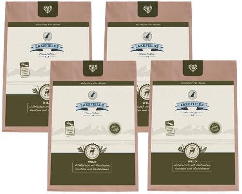 LAKEFIELDS MANUFAKTUR - Premium Hundefutter trocken, Wild 68%, getreidefreies Trockenfutter für ausgewachsene Hunde, Alleinfutter mit Hirsch- und Rehfleisch, schonend ausgebacken, 4 x 1kg von Lakefields