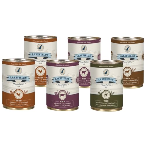 LAKEFIELDS MANUFAKTUR - Premium Hundefutter Nass, Probierpaket mit 4 Geschmacksrichtungen, Huhn, Wild, Rind & Lamm, getreidefreies Nassfutter Senior, schonend gegart, 6 x 400g von Lakefields