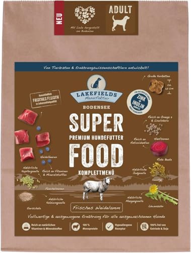 LAKEFIELDS MANUFAKTUR - SUPER Food - Premium Hundefutter trocken, Lamm 61%, getreidefreies Trockenfutter für ausgewachsene Hunde, Alleinfutter mit Lammfleisch, Spinat & Hanfsamen, Größe:2 x 2.5 Kg von Lakefields