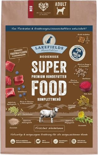 LAKEFIELDS MANUFAKTUR - SUPER Food - Premium Hundefutter trocken, Lamm 61%, getreidefreies Trockenfutter für ausgewachsene Hunde, Alleinfutter mit Lammfleisch, Spinat & Hanfsamen, Größe:3 x 1 Kg von Lakefields