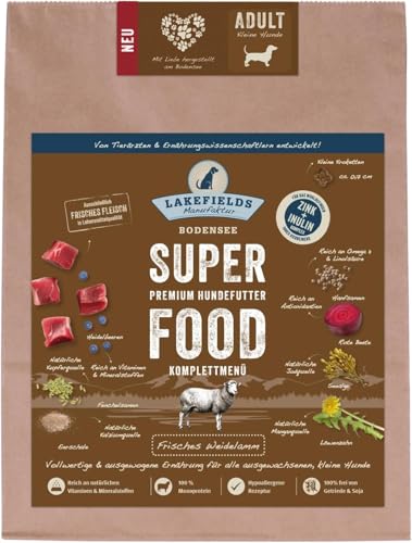 LAKEFIELDS MANUFAKTUR - SUPER Food - Premium Hundefutter trocken, Lamm 61%, getreidefreies Trockenfutter für kleine ausgewachsene Hunde, Alleinfutter mit Lammfleisch, Größe:3 x 1 Kg von Lakefields