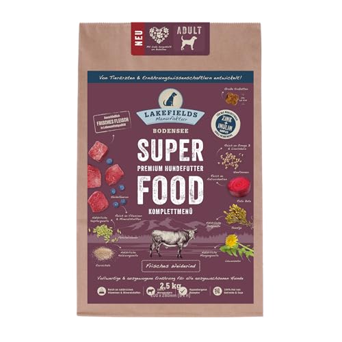 LAKEFIELDS MANUFAKTUR - SUPER Food - Premium Hundefutter trocken, Weiderind 60%, getreidefreies Trockenfutter für ausgewachsene Hunde, Alleinfutter mit Rindfleisch & Roter Beete, 1 x 2,5kg von Lakefields