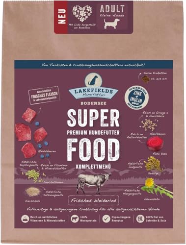 LAKEFIELDS MANUFAKTUR - SUPER Food - Premium Hundefutter trocken, Weiderind 60%, getreidefreies Trockenfutter für kleine ausgewachsene Hunde, Alleinfutter mit Rindfleisch & Roter Beete, Größe:3 x 1 Kg von Lakefields