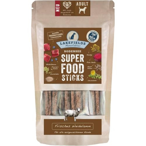 LAKEFIELDS MANUFAKTUR - SUPERFOOD - Premium Hunde Sticks vom Lamm 61%, nährstoffreiche Hunde leckerlis, gesund & getreidefrei, Hunde Snacks mit Lammfleisch & Heidelbeeren, 1 x 130g, Größe:4 x 130 g von Lakefields