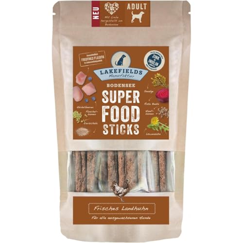 LAKEFIELDS MANUFAKTUR - SUPERFOOD - Premium Hunde Sticks vom Landhuhn, Hunde Snacks mit Hühnerfleisch 61%, Hanfsamen & Heidelbeeren, 1 x 130 g, Größe:4 x 130 g von Lakefields