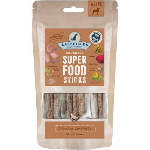 LAKEFIELDS MANUFAKTUR - SUPERFOOD - Premium Hunde Sticks vom Landhuhn für Welpen, nährstoffreiche Hunde leckerlis, gesund & getreidefrei, Hunde Snacks mit Hühnerfleisch 61,5% Größe:4 x 130 g von Lakefields