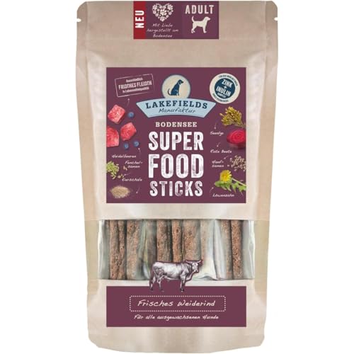 LAKEFIELDS MANUFAKTUR - SUPERFOOD - Premium Hunde Sticks vom Rind 61%, nährstoffreiche Hunde leckerlis, gesund & getreidefrei, Hunde Snacks mit Rindfleisch & Heidelbeeren, 1 x 130g, Größe:4 x 130 g von Lakefields