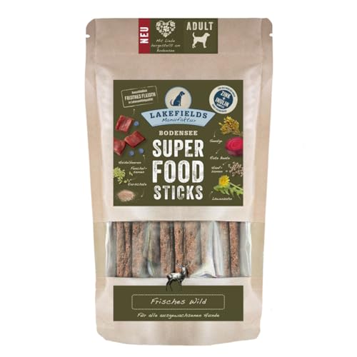 LAKEFIELDS MANUFAKTUR - SUPERFOOD - Premium Hunde Sticks vom Wild 61%, nährstoffreiche Hunde leckerlis, gesund & getreidefrei, Hunde Snacks mit Wildfleisch & Heidelbeeren, 1 x 130g, Größe:4 x 130 g von Lakefields